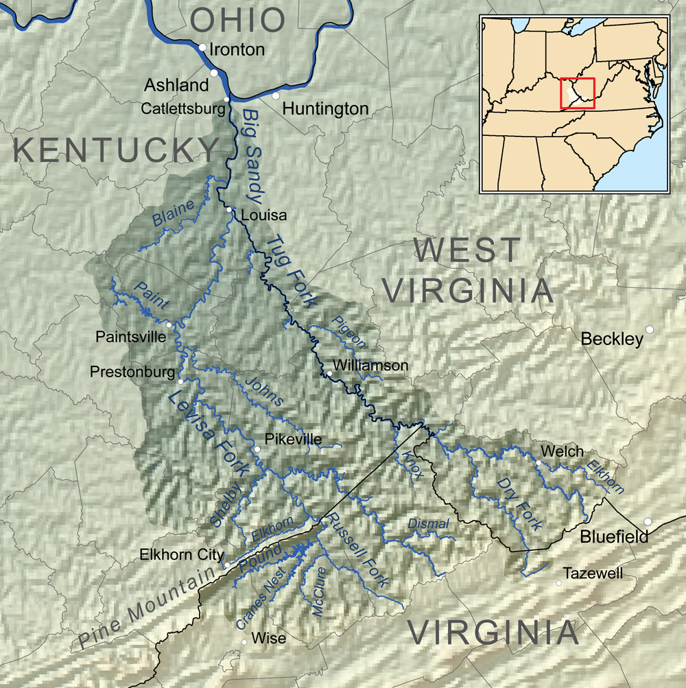 Big Sandy River Map along Kentucky and West Virginia