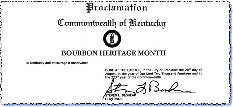 Kentucky Governor Declares September 2015 Bourbon Heritage Month b