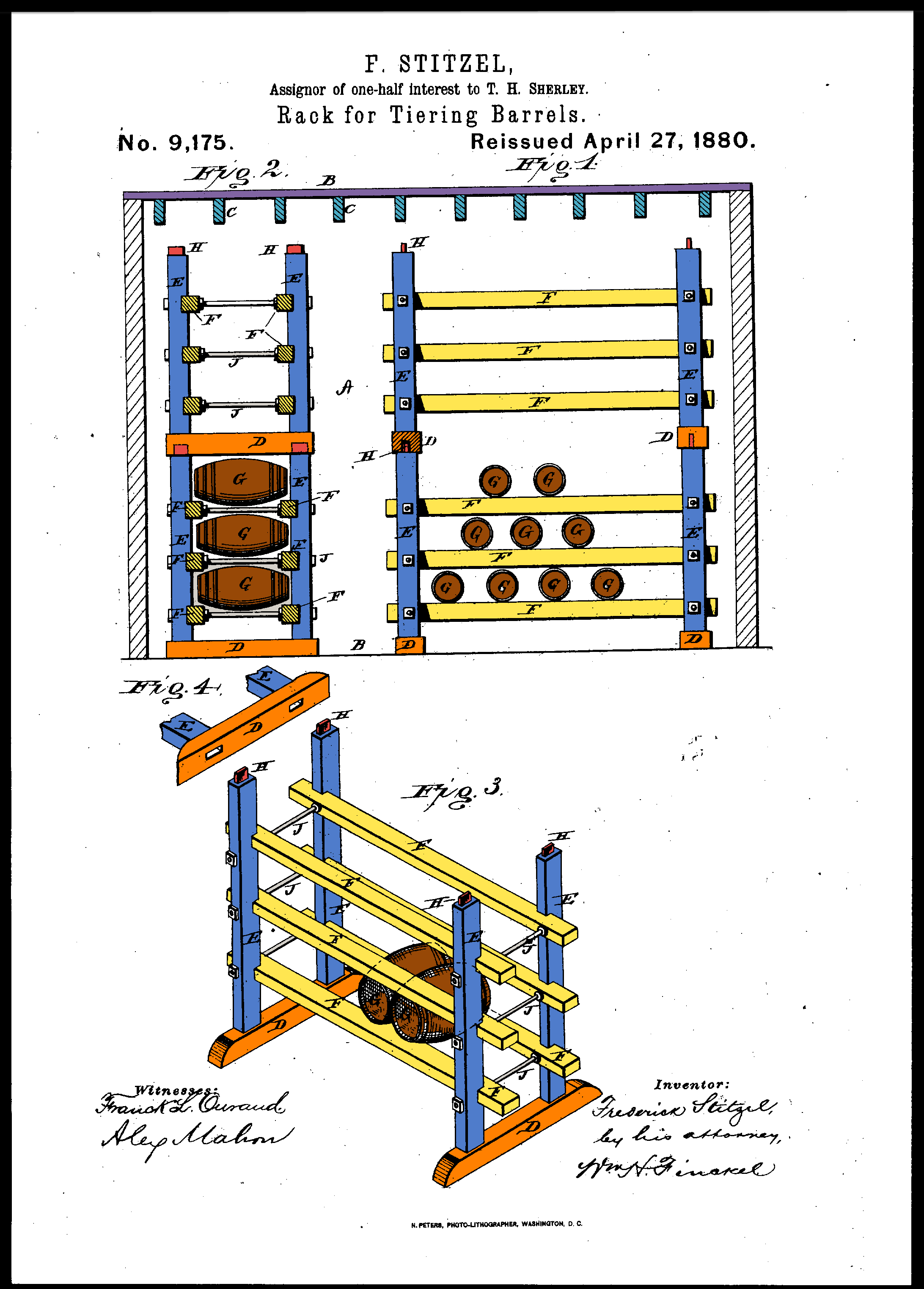 US Patent No 9175 Frederick Stitzel Rack Tiering Barrel System Drawing Color