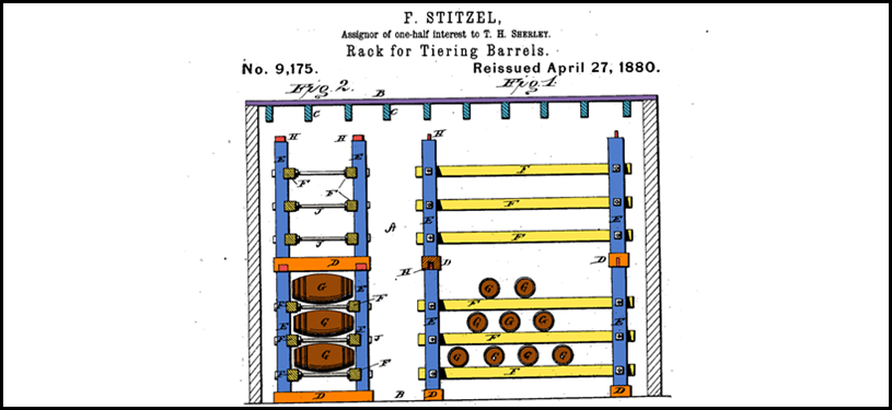 US Patent No 9175 Frederick Stitzel Rack Tiering Barrel System Drawing