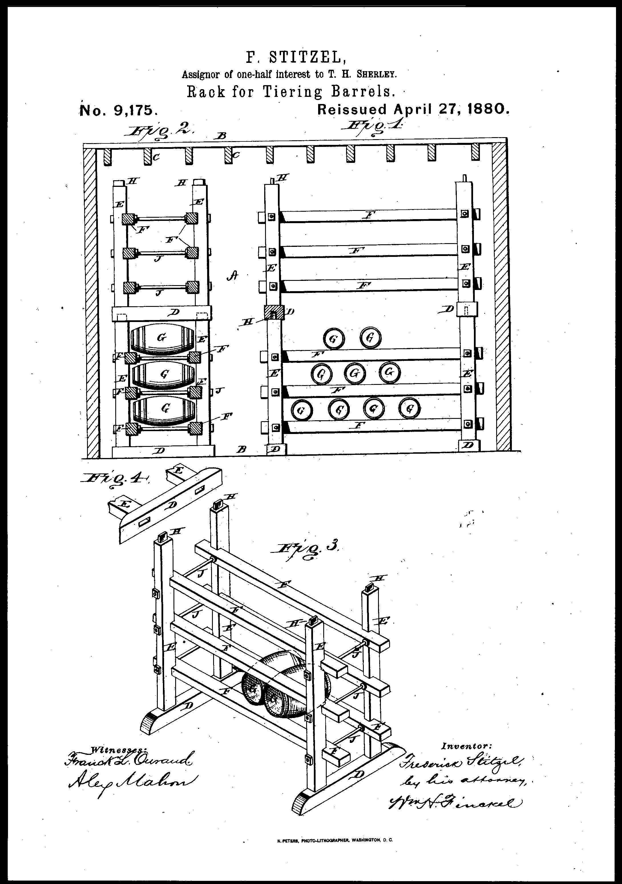 US Patent No 9175 Frederick Stitzel Racks for Tiering Barrels Drawing BW