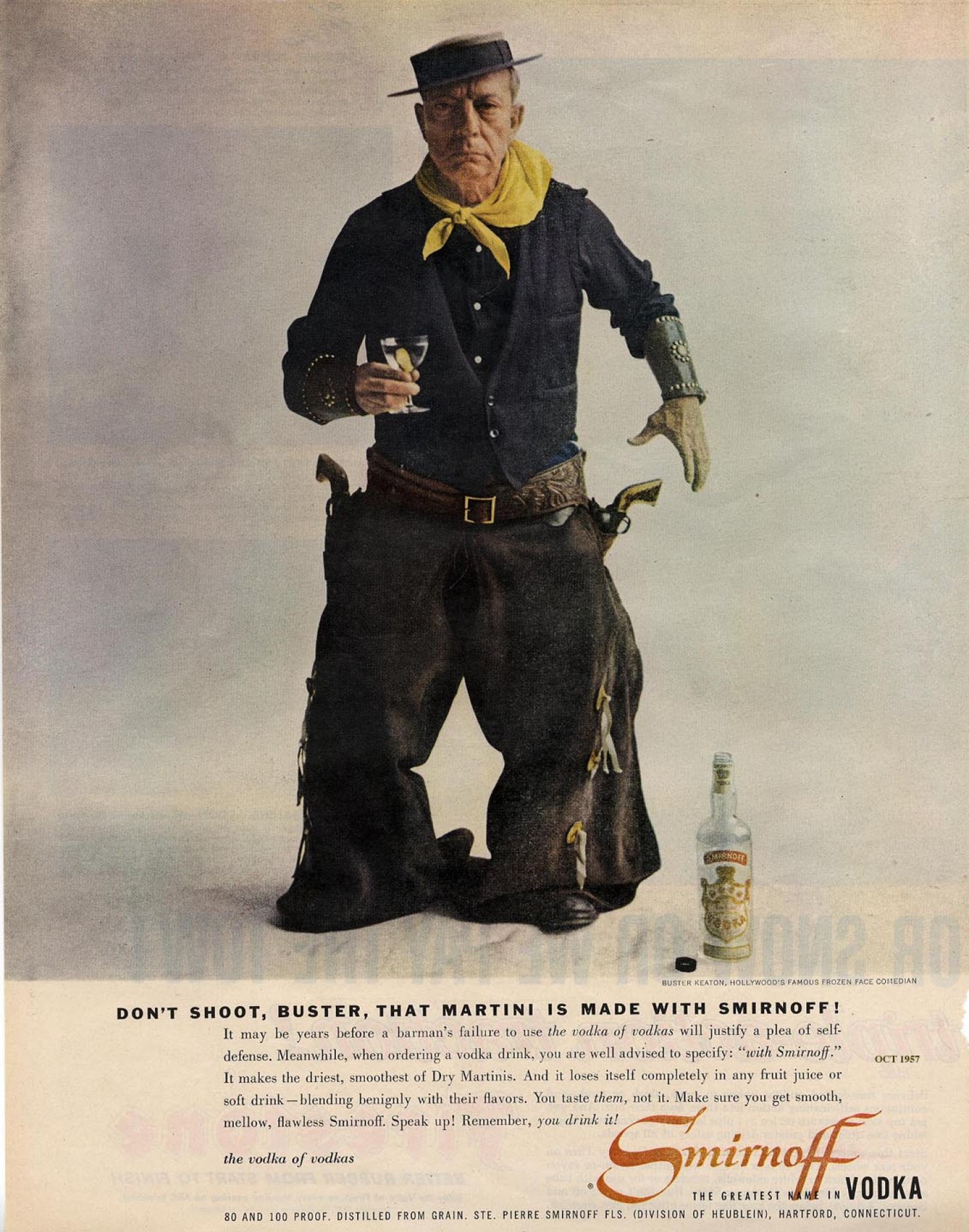 Buster Keaton - 1957 Smirnoff Vodka Ad from The New Yorker