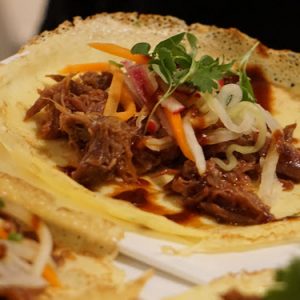 Jim Beam Honey Bourbon BBQ Duck Crepe with Pickled Vegetables and Micro Cilantro