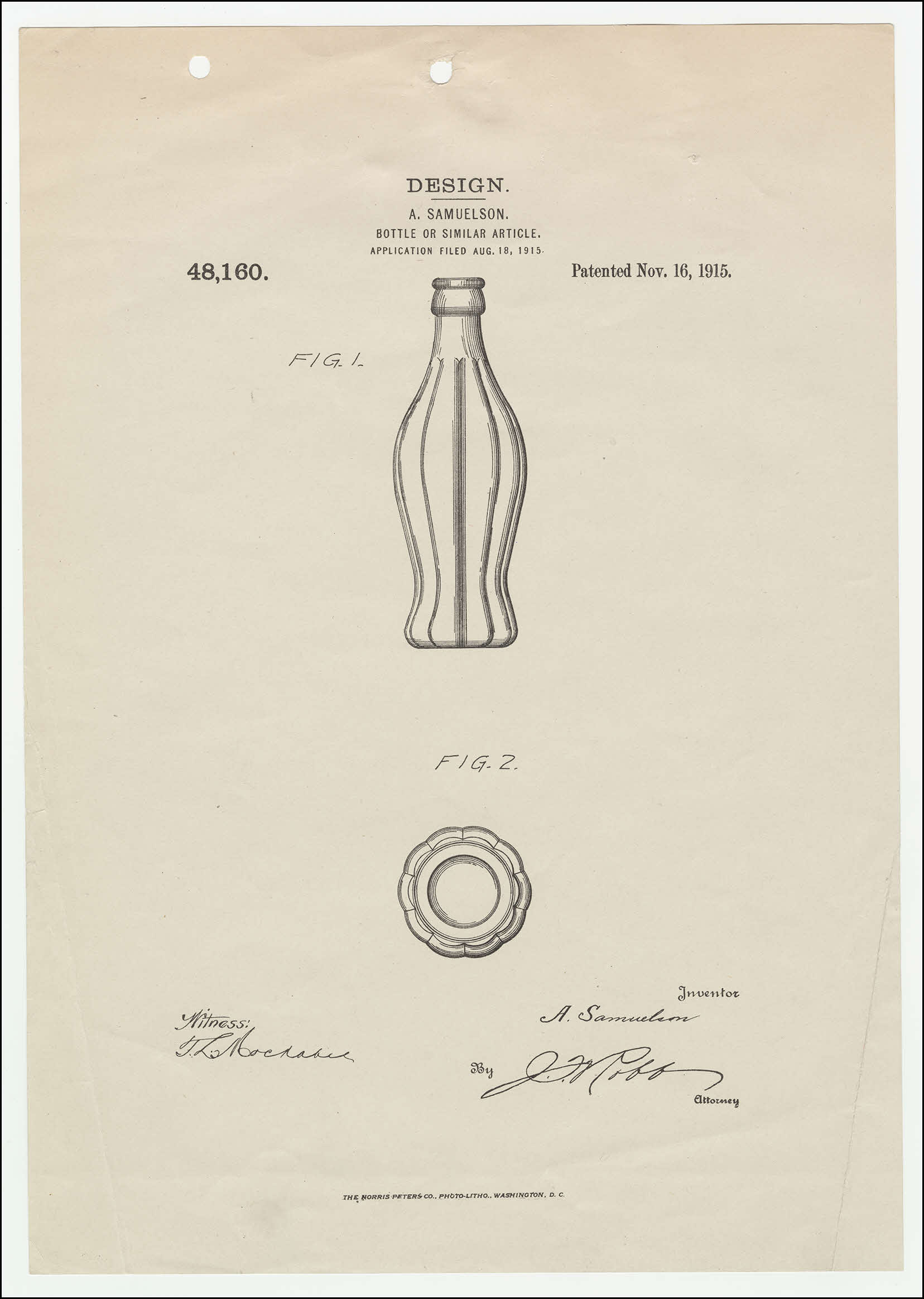 Coca-Cola Bottle-Patent November 16 1915