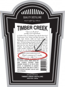 Timber Creek Florida Black Rye Whiskey 93 Proof Back Aged 9 Months