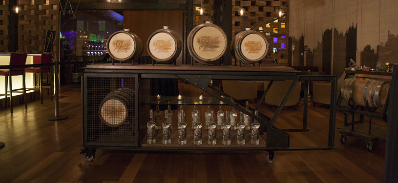Two James Spirit and MGM Grand Whiskey Barrel Cart