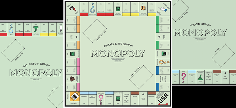 Whiskey, Rye & Gin Monopoly Boards