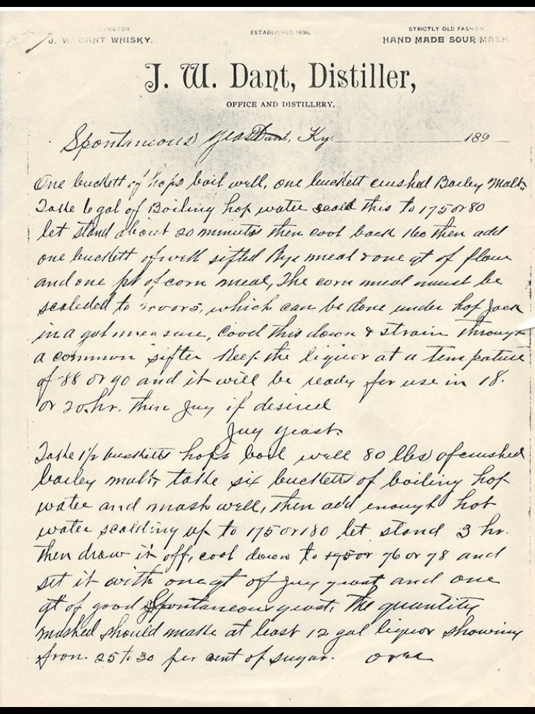 J.W. Dant 1890s Yeast Recipe Page 1