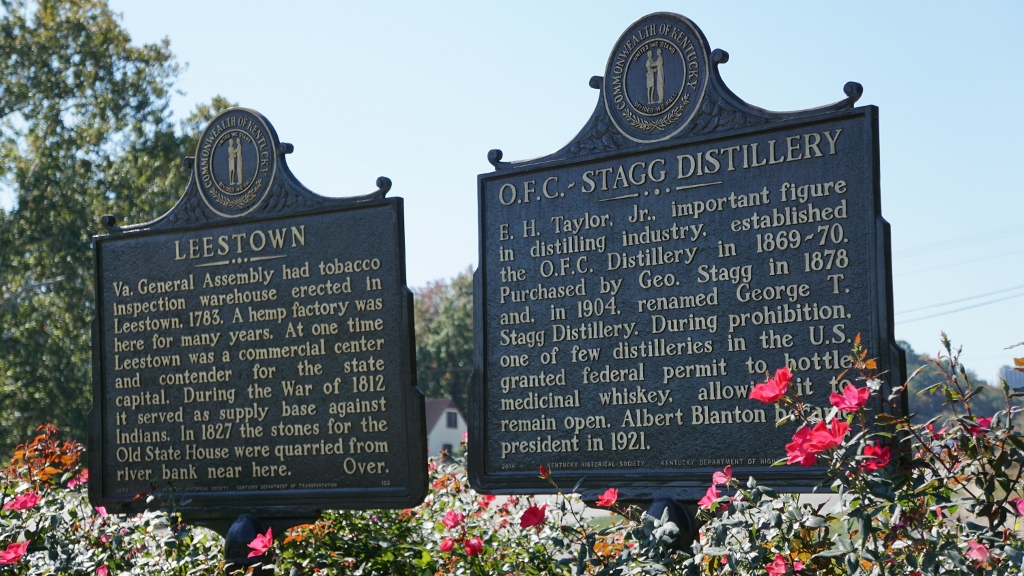 O.F.C.-Stagg Distillery and Leestown Kentucky Historical Sign Front