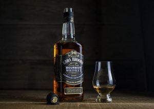 Ezra Brooks Kentucky Straight Bourbon Whiskey -Bottle, Bartop and Glencairn Glass
