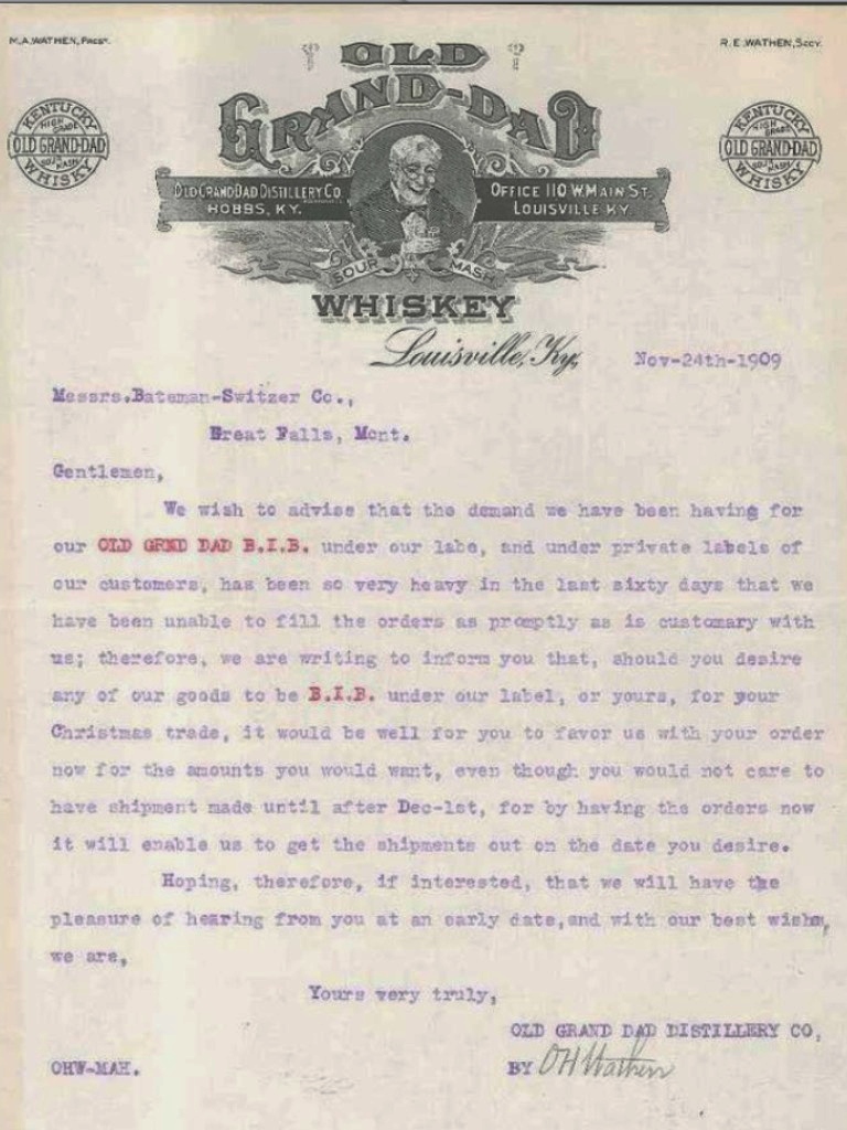 Old Grand-Dad Whiskey - Letter Dated 1909