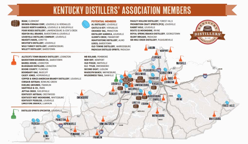 State Map of All Kentucky Distilleries