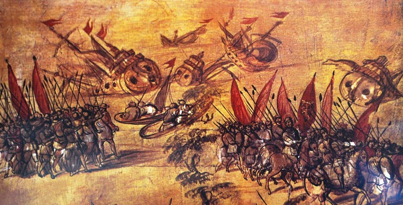 Cortés scuttling his own fleet off the coast of Veracruz in order to eliminate the possibility of retreat