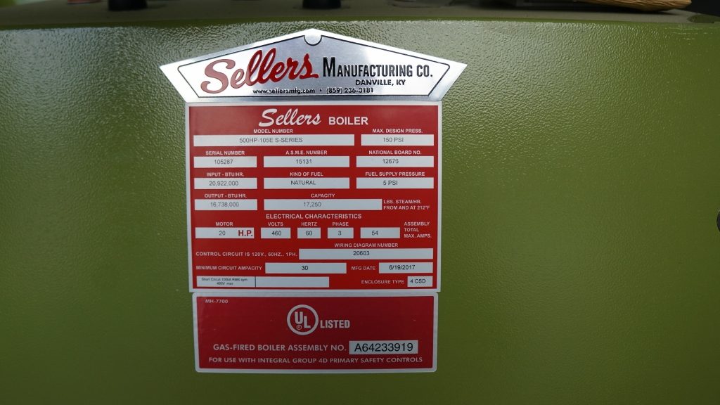 Lux Row Distillers - Sellers Manufacturing 500HP-105E S-Series Boiler