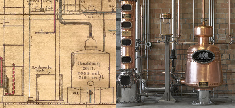 James E. Pepper Distillery - Original Pepper Plant Plan #12 and 2017 Distillery Photo