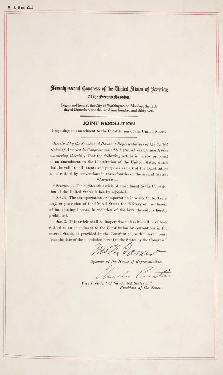 Joint Resolution Proposing the 21st Amendment to the United States Constitution