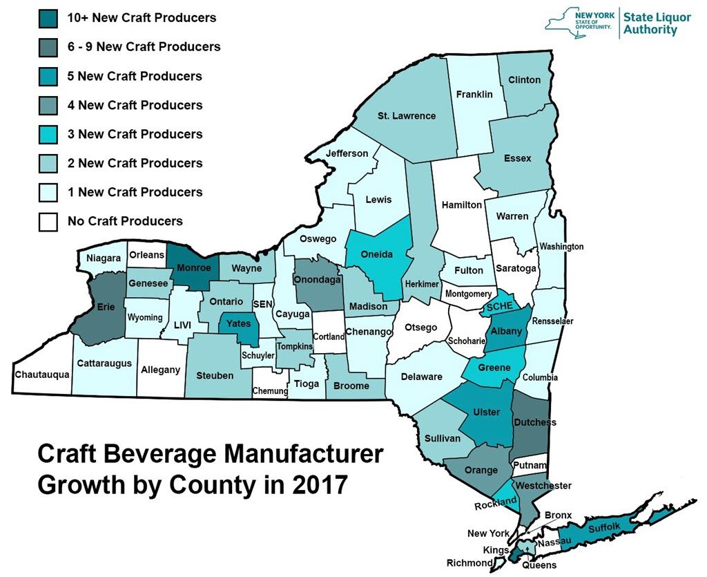 New York State Craft Spirits - Craft Manufacturer Growth by County