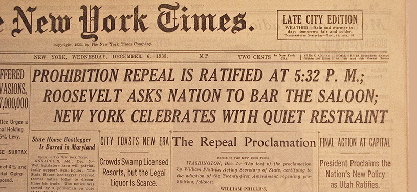 New York Times - Prohibition Repeal is Ratified at 5.32pm, Dec 5, 1933