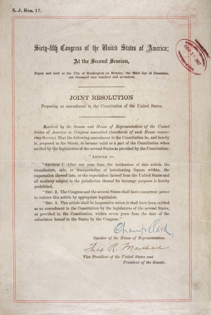 U.S. Constitution - The 18th Amendment - Ratified January 16, 1919