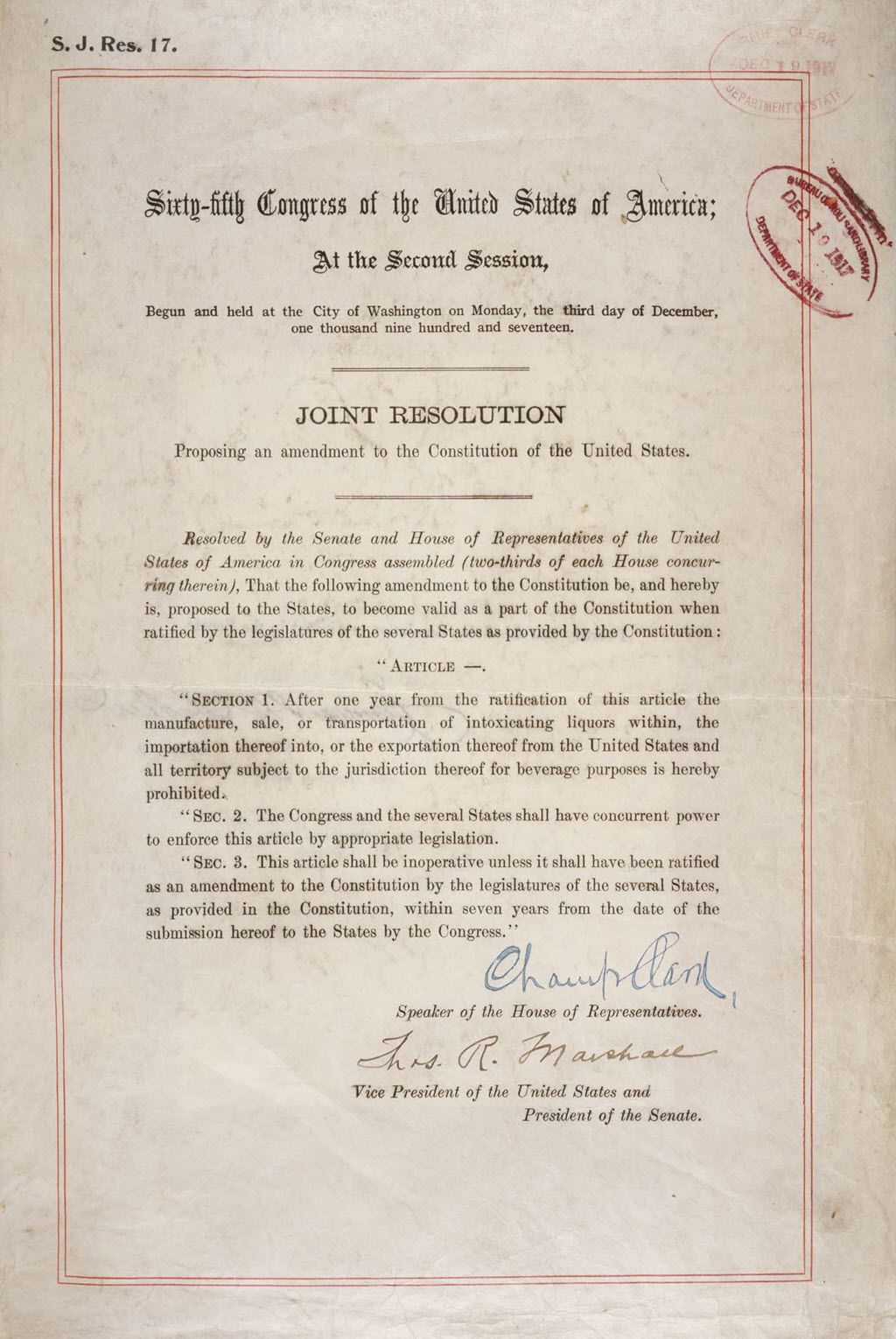 U.S. Constitution - The 18th Amendment - Ratified January 16, 1919