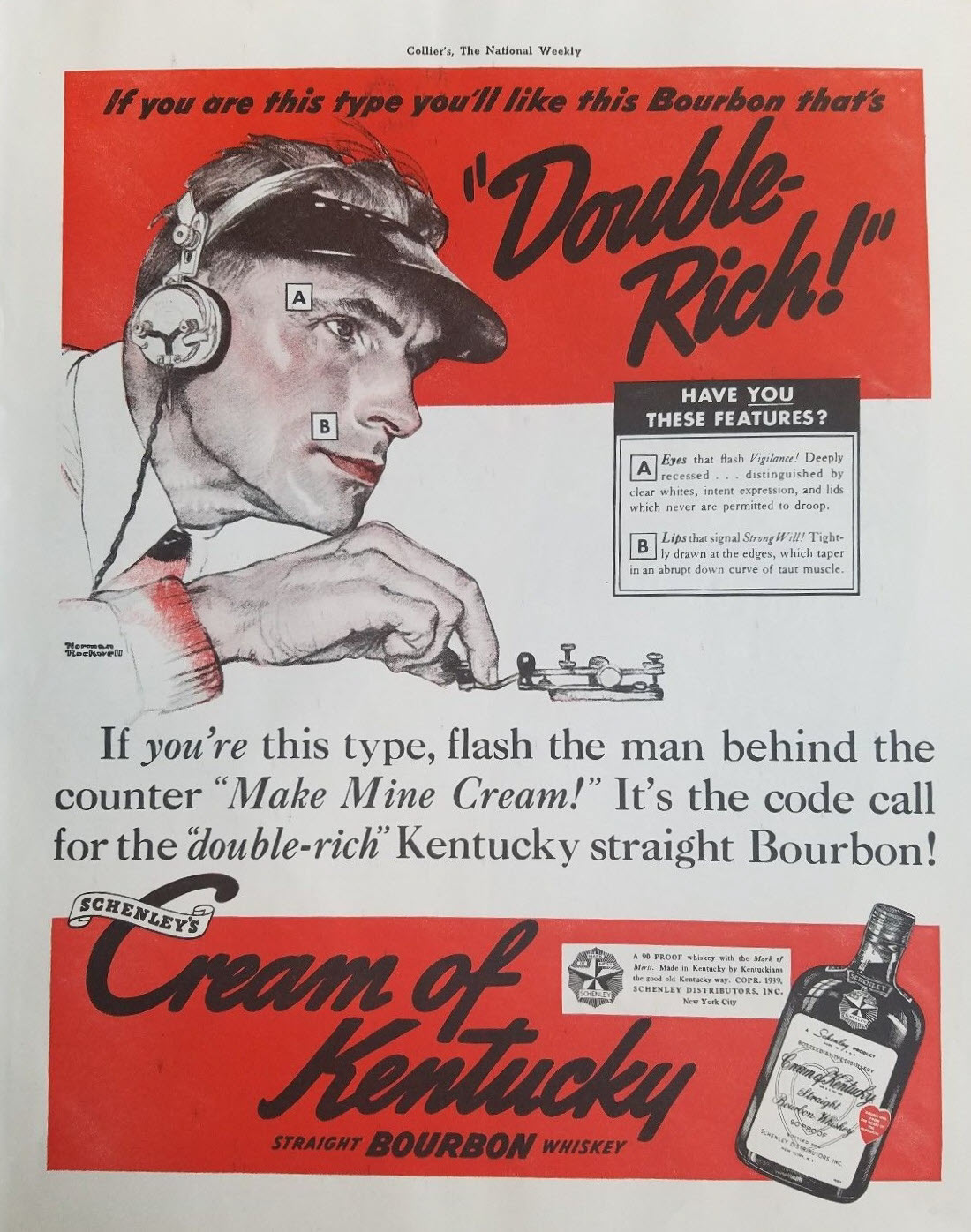 Cream of Kentucky Straight Bourbon Whiskey - 1939 Advertisement for Schenleys, Cream of Kentucky, Norman-Rockwell