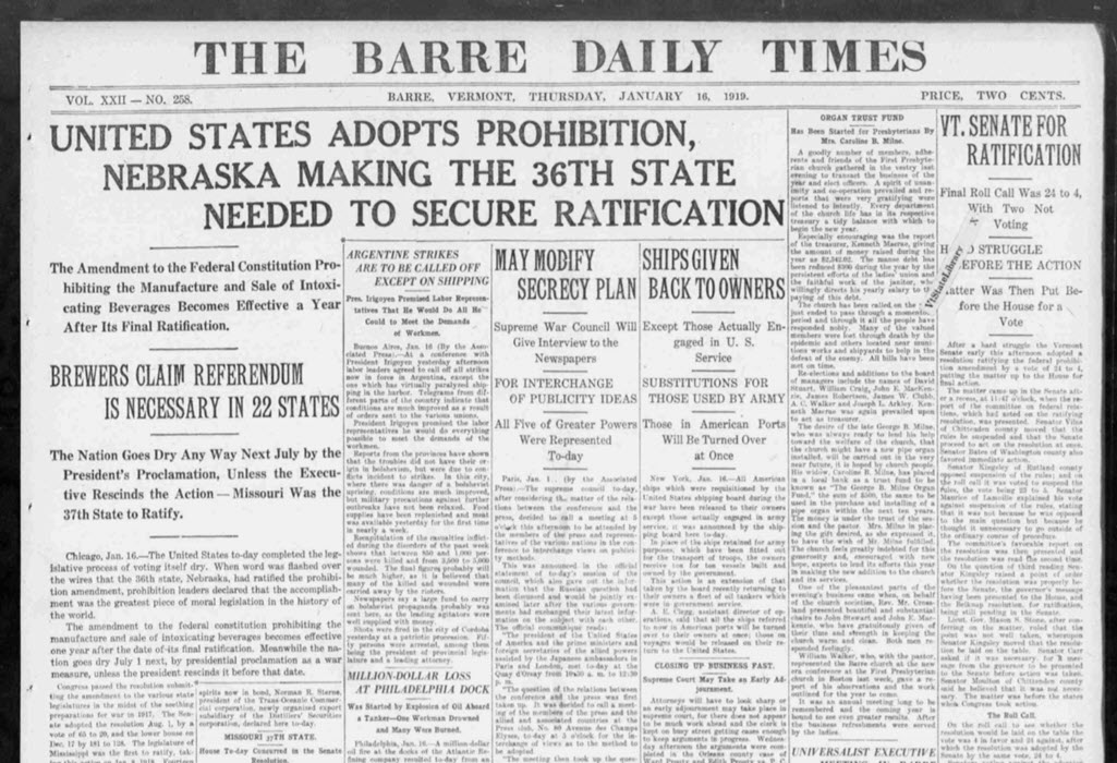 The Barre Daily Times - United States Adopts Prohibition, Nebraska Making the 36th State Needed to Secure Ratification, January 16, 1919