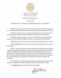 The City of New York - Prohibition of Alcohol Advertisements on City Property, Signed by Mayor Bill de Blasio April 26, 2019