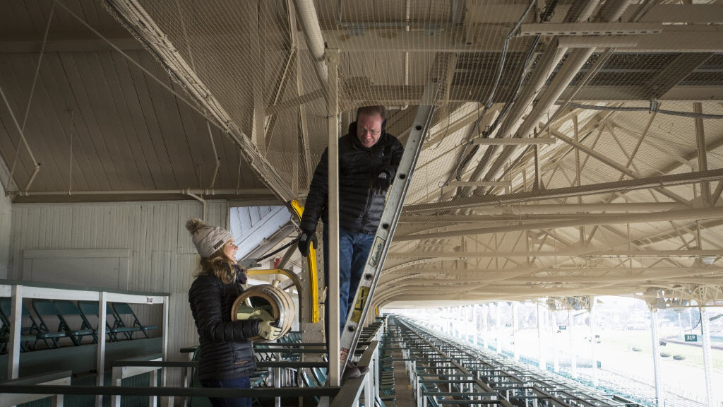 Woodford Reserve Distillery - Assistant Master Elizabeth McCall and Master Distiller Chris Morris Climbing the Ladder to the Churchill Downs Spire