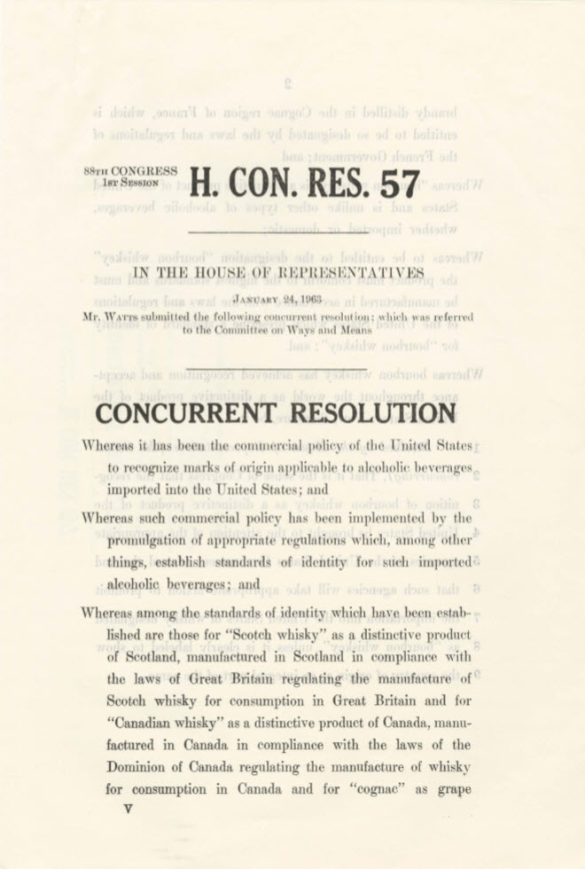 Bourbon Whiskey Designated as Distinctive Product of the United States - Introduced January 24, 1963, H. CON. RES. 57 - Page 1