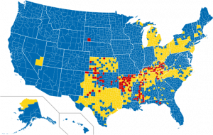 Dry Counties in the United States - As of May 2019, Red is Dry, Blue is Wet, Yellow is Mixed (Moist)