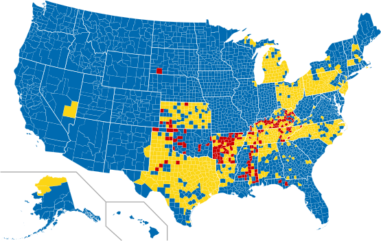 Dry Counties in the United States - As of May 2019, Red is Dry, Blue is Wet, Yellow is Mixed (Moist)