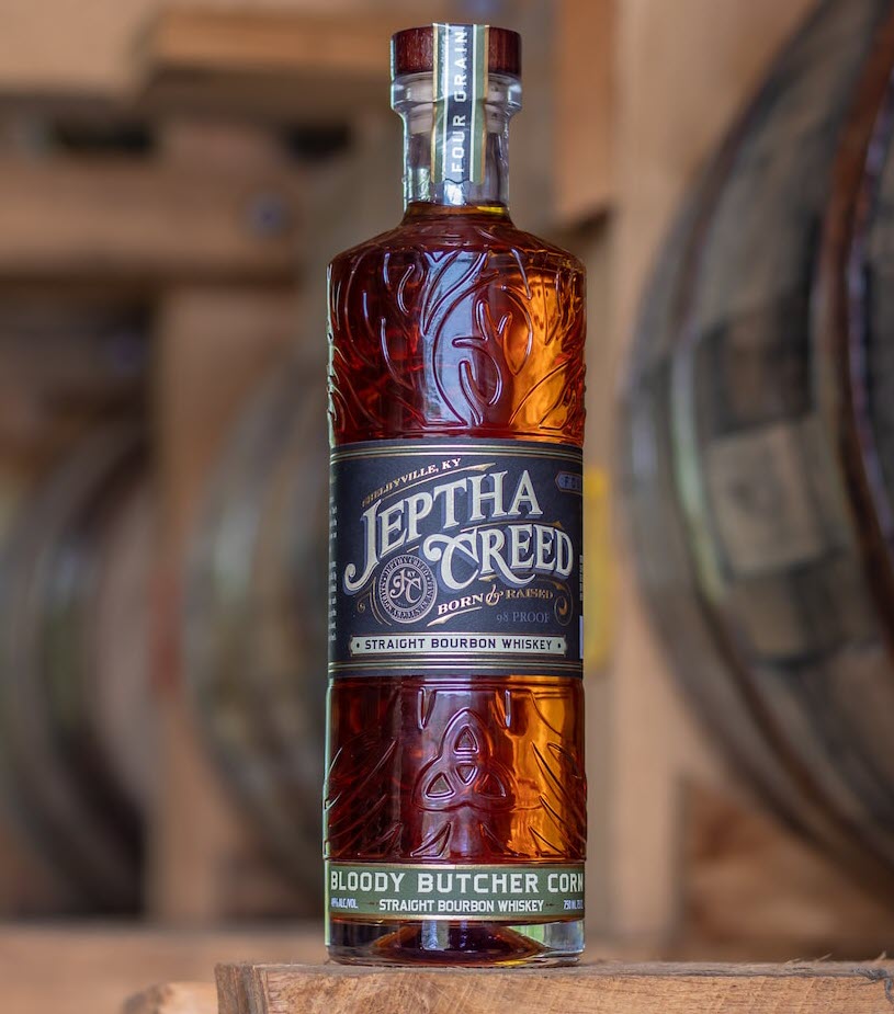 Jeptha Creed Distillery - 4-Grain Kentucky Straight Bourbon Whiskey Bottle, Mashbill, 70% corn, 15% malted barley, 10% malted Wheat, 5% Malted Barley