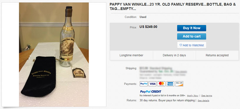 Pappy Van Winkle Empty Bottle for Sale $249