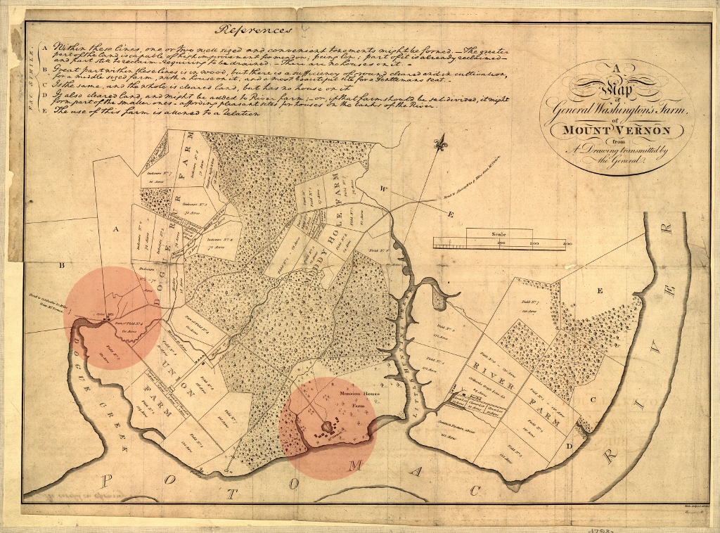 George Washington's Farm of Mount Vernon Map - c~1793, Highlight Home to Gristmill-Distillery