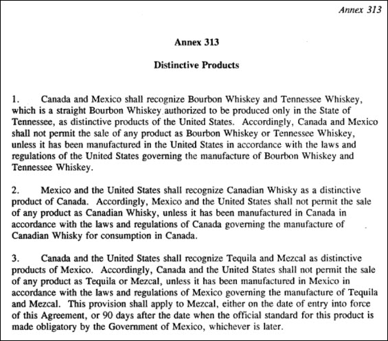 NAFTA 1993 - Recognizing Bourbon Whiskey and Tennessee Whiskey as Distinctive Products of the United States