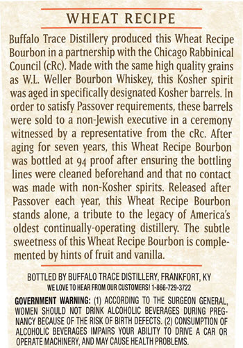 Buffalo Trace Distillery - cRc Kosher Certified, Kentucky Straight Bourbon High Wheat Whiskey Label