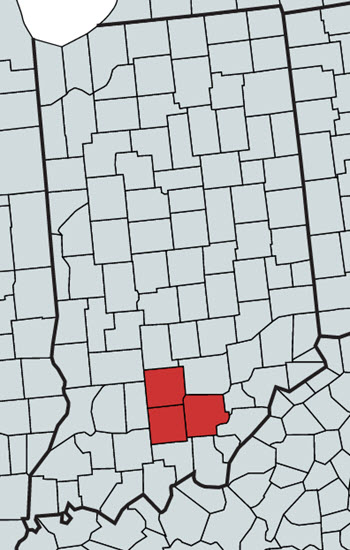 Map of Indiana Counties - Orange, Lawrence and Washington Counties