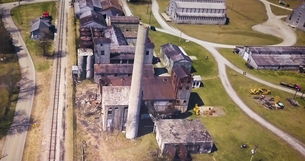Old Samuels Distillery - The T.W. Samuels Distillery Aerial View with Train Depot