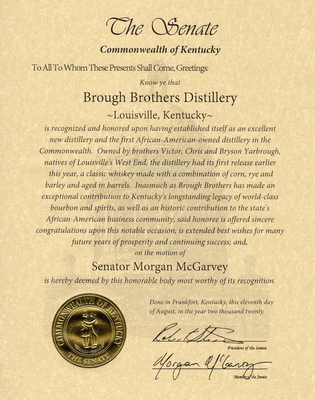 Kentucky State Senate Recognizing Brough Brothers as the First African-American Distillery in Kentucky