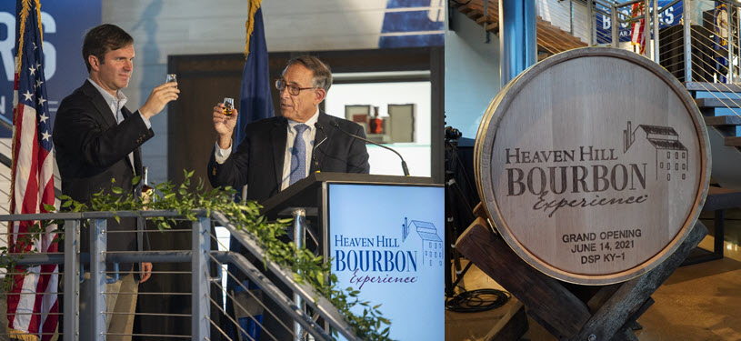 Heaven Hill Bourbon Experience - Kentucky Governor Andy Beshear and Heaven Hill CEO Max Shapira Cheer During Grand Opening