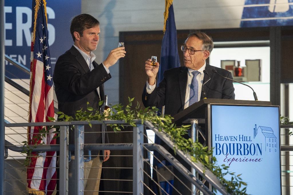 Heaven Hill Bourbon Experience - Kentucky Governor Andy Beshear and Heaven Hill CEO Max Shapira Cheer