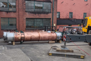 New high and low wine condensers arriving at the distillery.