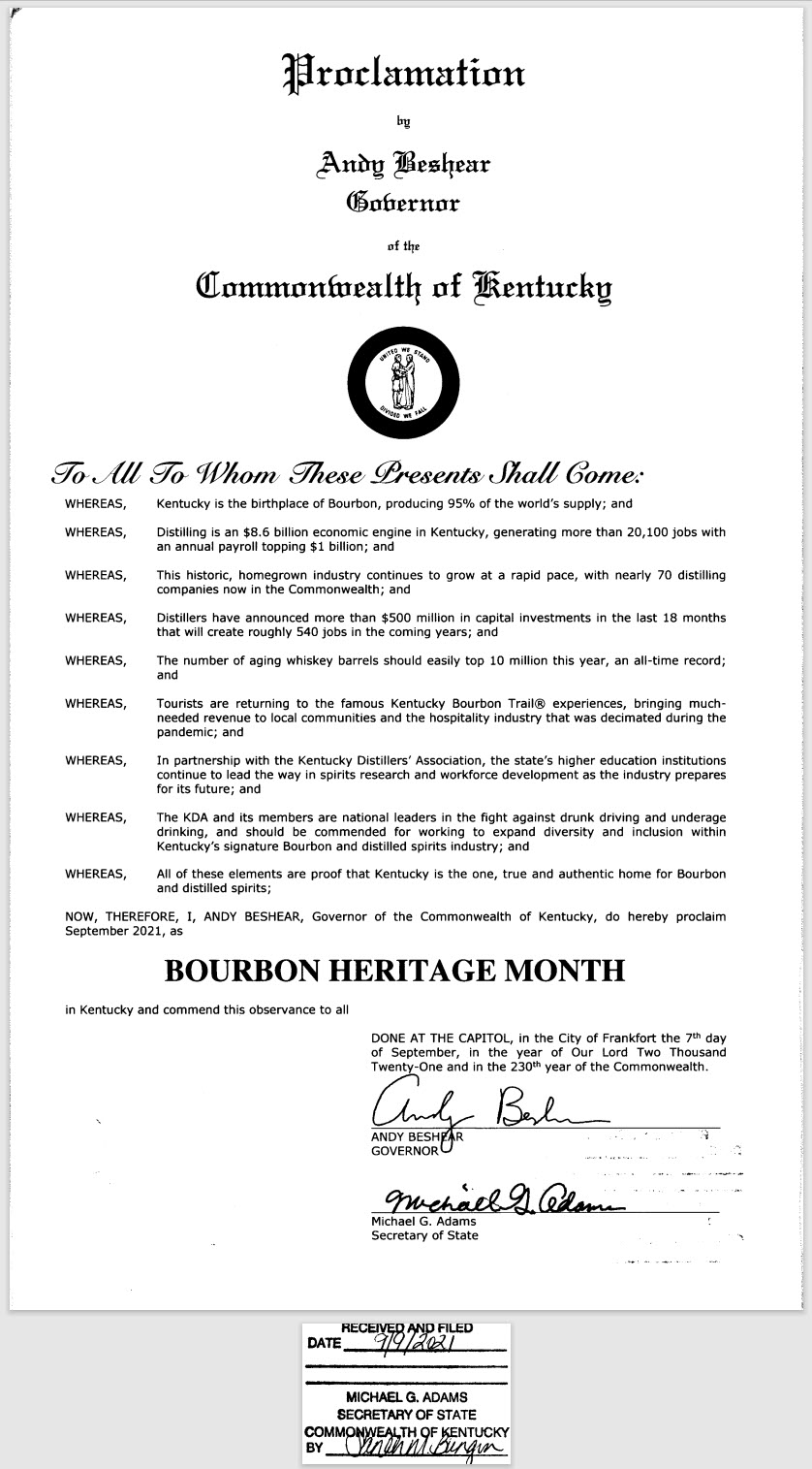 2021 Kentucky Bourbon Heritage Month Proclaimation Signed by Gov. Andy Beshear