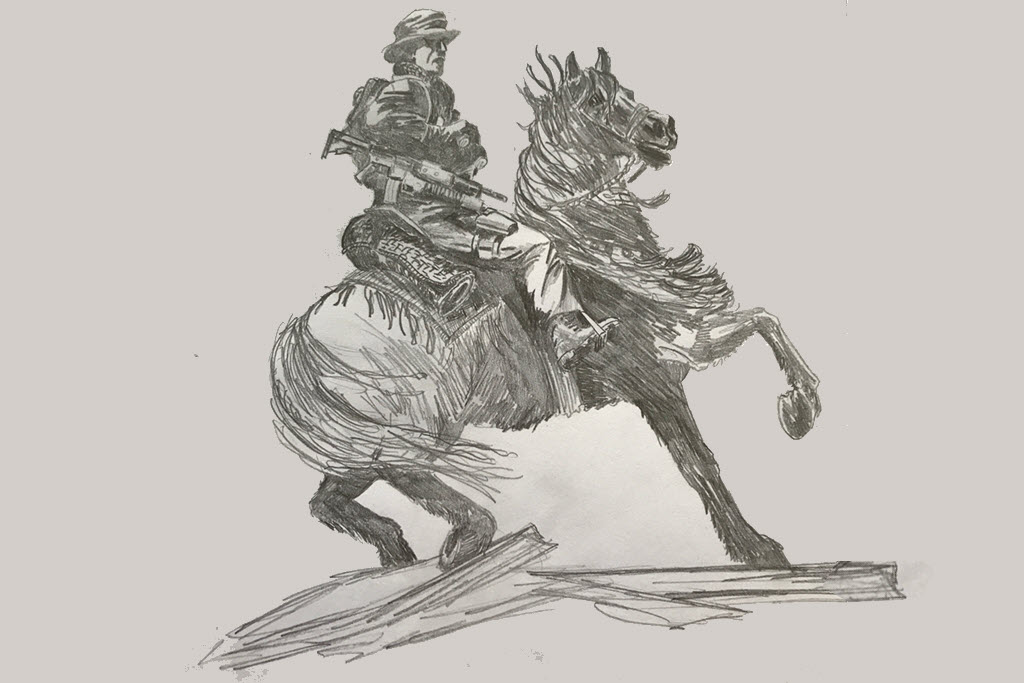 Horse Soldier Bourbon - Hand Drawing of the Horse Soldier by Sculptor Douwe Blumberg