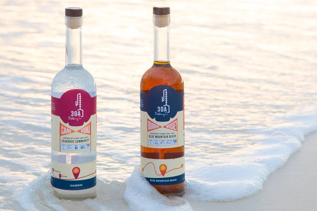 30A Distilling Co. - Cane Vodka and Bourbon Whiskey Bottles