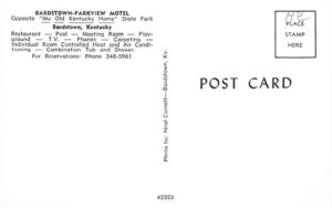 Bardstown-Parkview Motel Postcard - Back