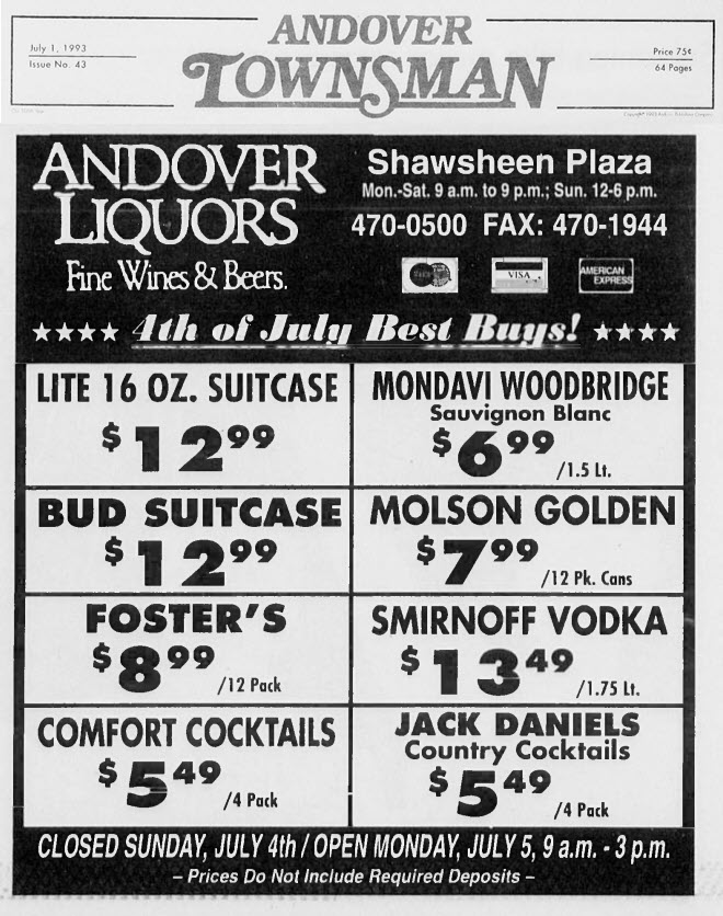 Jack Daniels Country Cocktails Advertisement from July 1, 1993 Andover Townsman Newspaper
