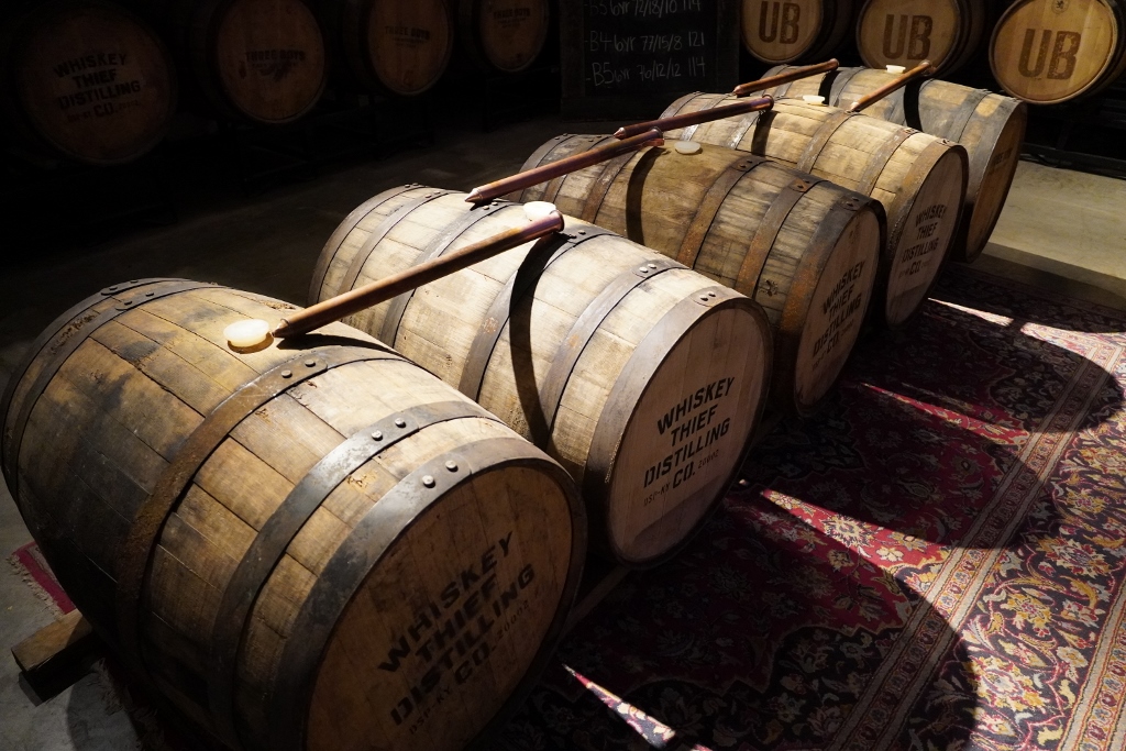 Whiskey Thief Distilling Co. - Whiskey Barrels with Whiskey Thieves on Top