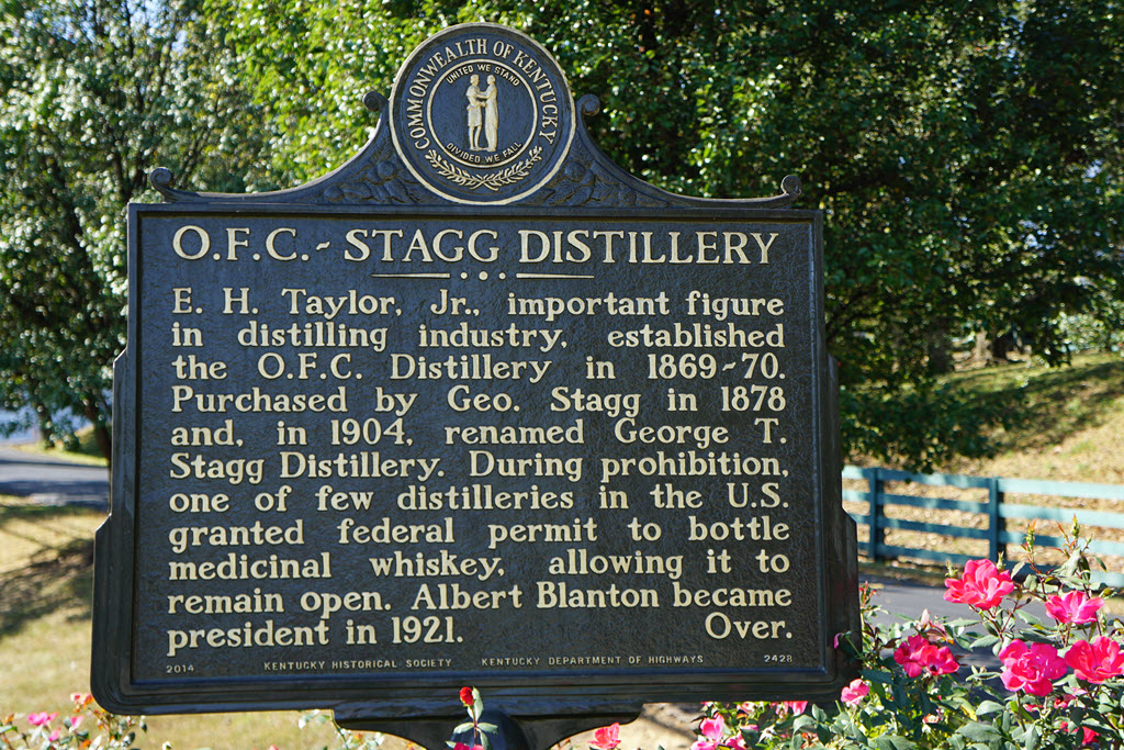 Kentucky Historical Marker - O.F.C. Stagg Distillery, Purchased by Schenley Distiller in 1929, Purchased by Sazerac in 1992, Front
