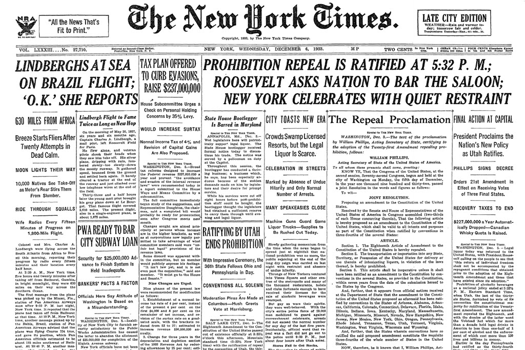 New York Times - Prohibition Repeal Ratified at 5.32pm, Roosevelt Asks Nation to Bar the Saloon, Dec 6, 1933